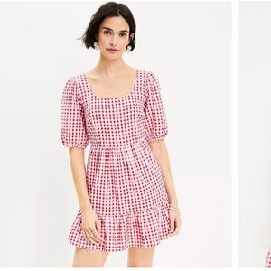 Loft Seersucker Gingham Puff Sleeve Back Tie Dress
